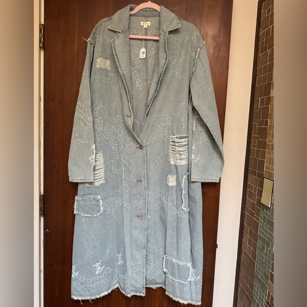 POL Distressed Denim Patterned Long Jacket (NWT)